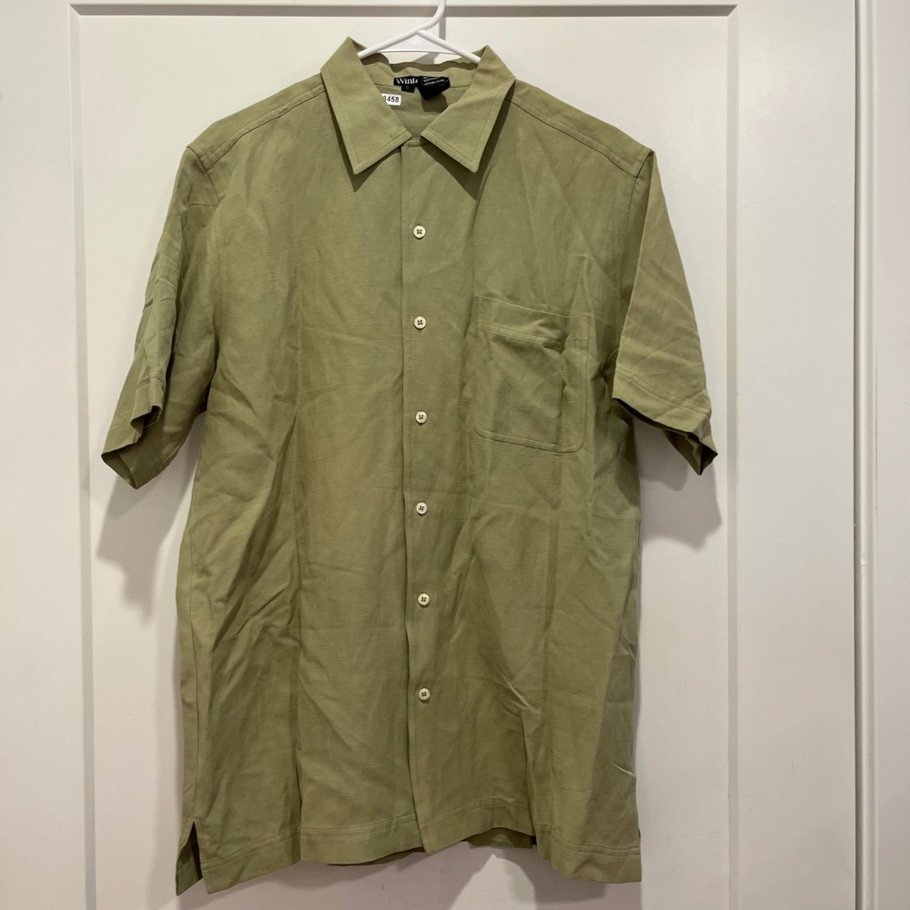 WinterSilks Mens Small Sage Green Silk Linen Short Sleeve Button Up Shirt